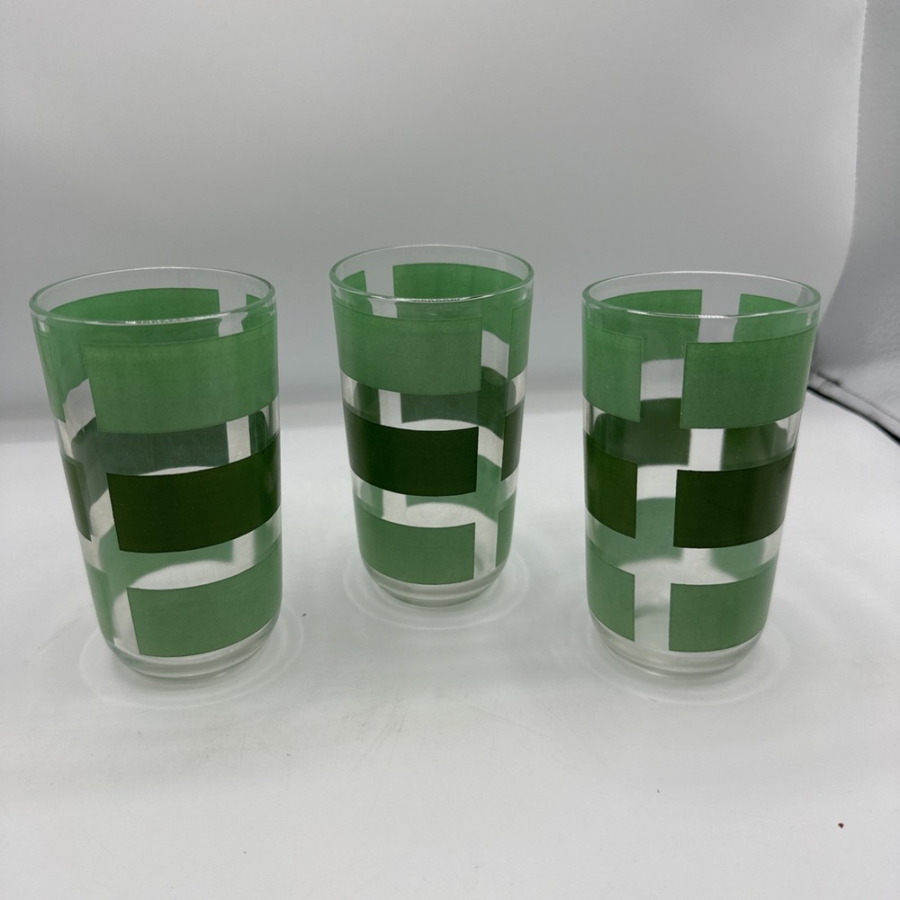 Green & Dark Green Striped Drinking Glasses Vintage 5" Tall 2 3/4" Wide